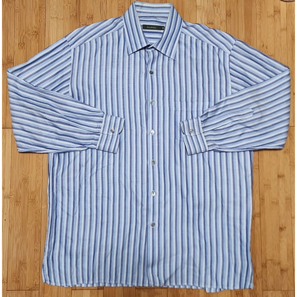 Ermenegildo Zegna Button Up Striped Blue Dress Shirt Mens Sz 2XL XXL Long Sleeve